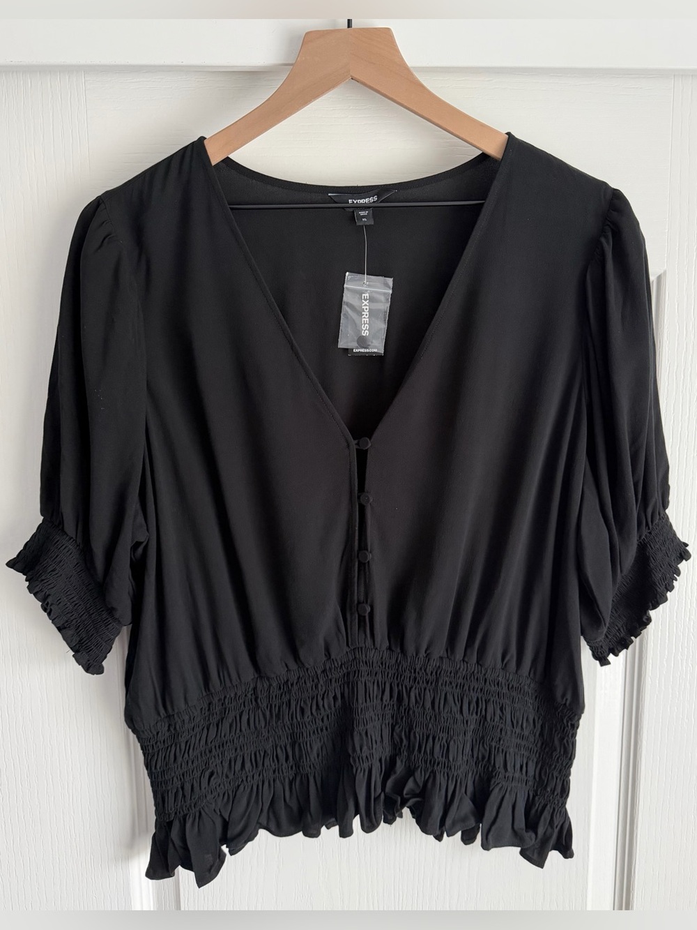 New Express Women's Black Button-Front V-Neck Blouse with Smocked Waist Size XL